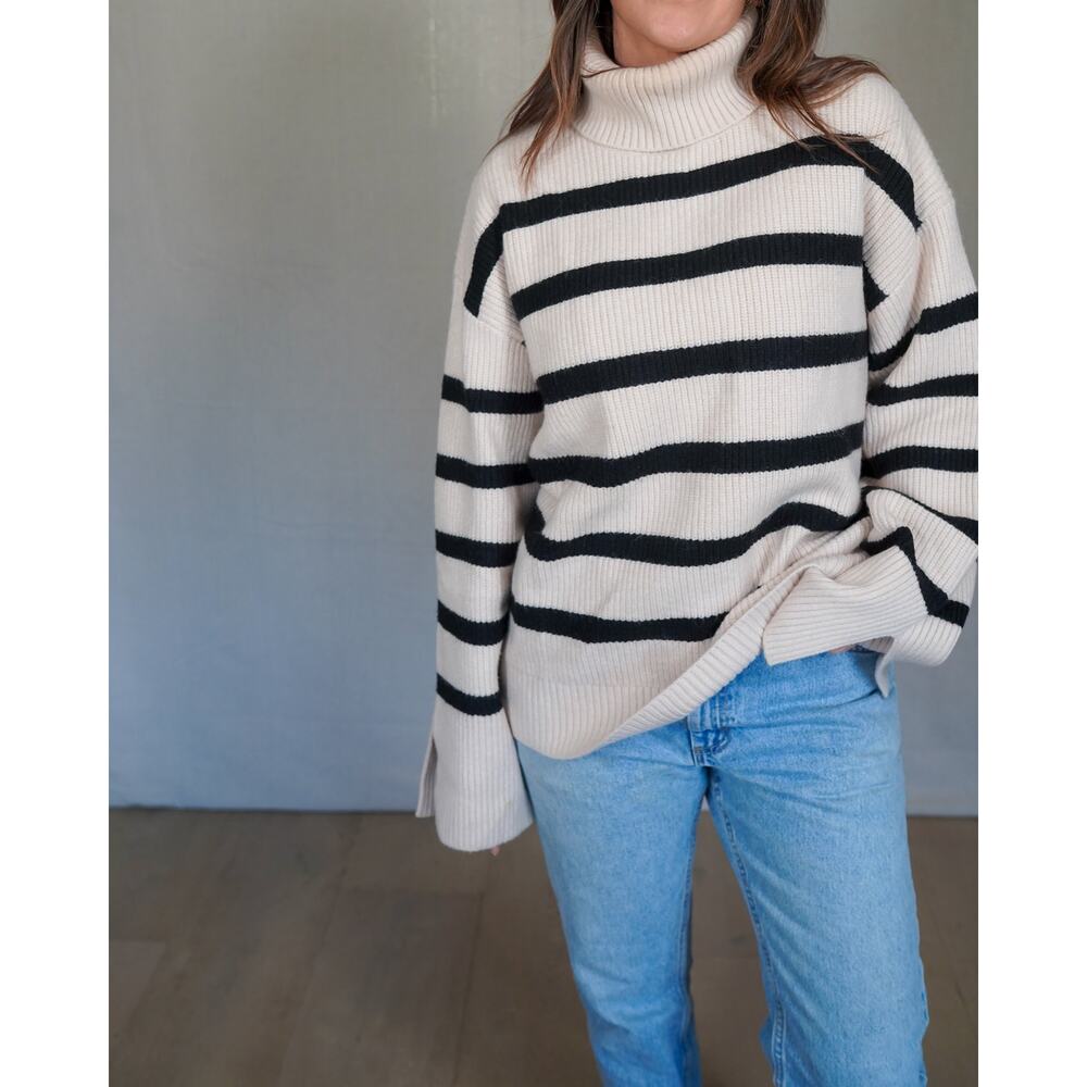 Zara Knit Striped Turtleneck Sweater Cream Black Oversized Ribbed Size L